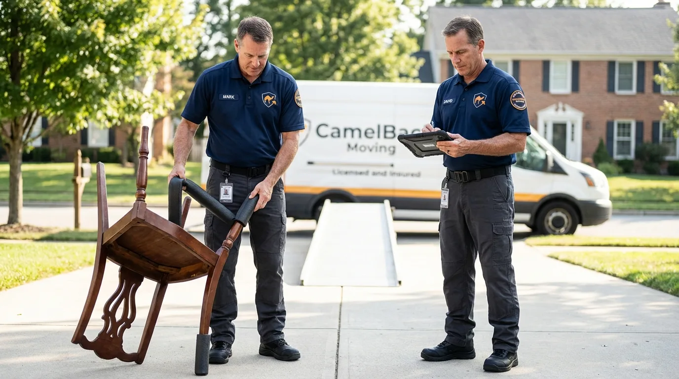 Movers inspecting furniture for damage prevention before loading in Hodgenville, KY