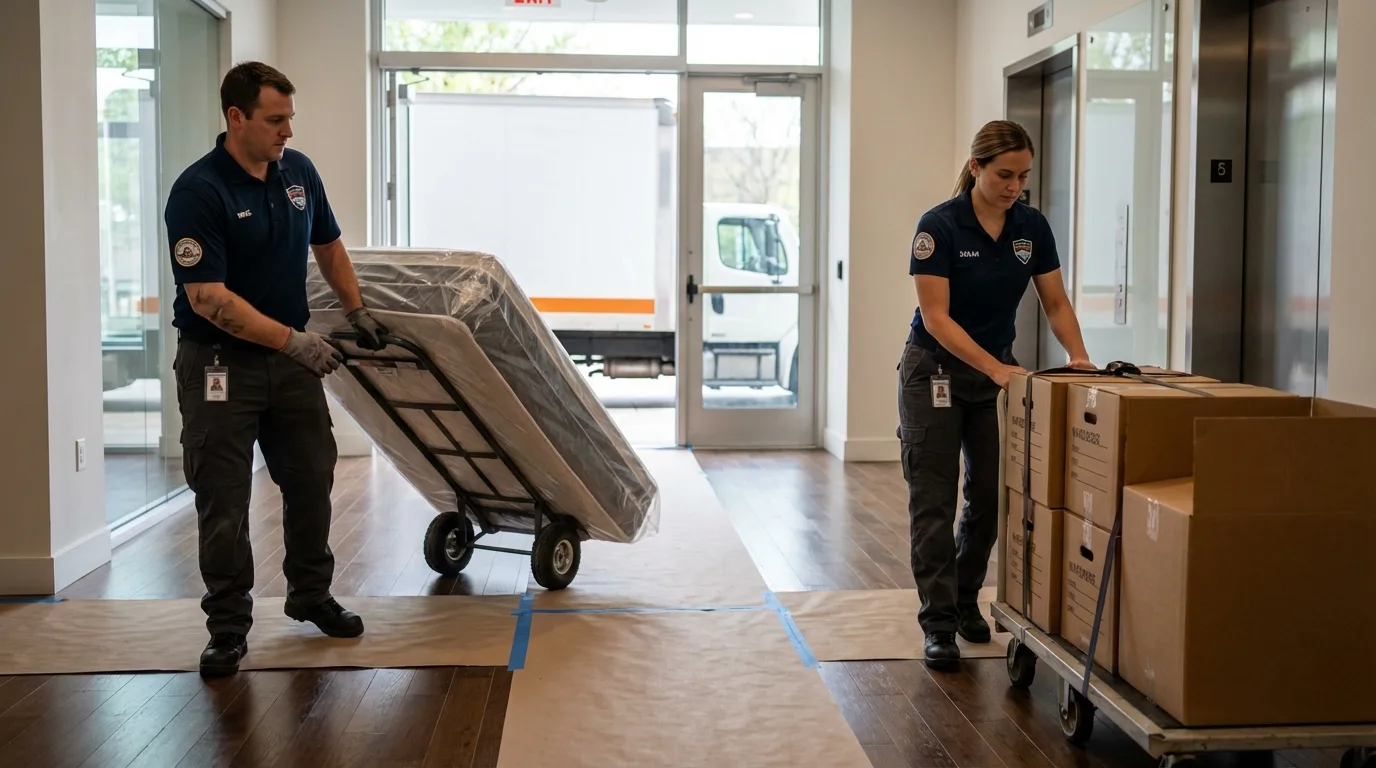 Professional apartment movers loading elevator in Hodgenville, KY