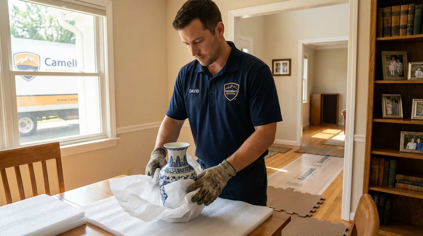 Professional crew carefully wrapping antique vase for senior downsizing move in Hodgenville, KY